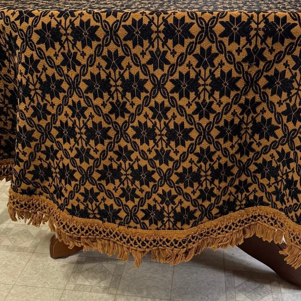 Vintage Bates Black Brown Oval Fringed Tablecloth 64x108